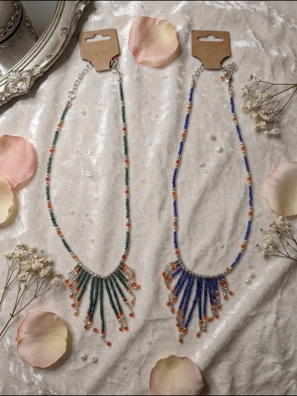 Beaded Fringe Necklace - Green and Blue Options